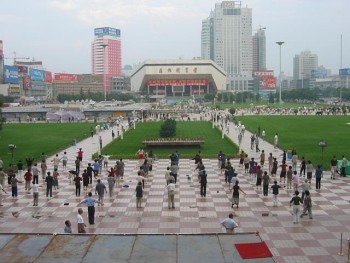 The Lanzhou city square - with Paksons at the end of the square and our hotel in the background. Used with kind permission of Mary Boulineau